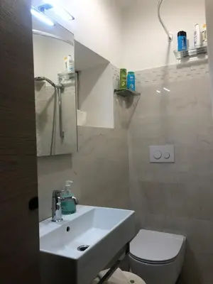 a bathroom with a sink and a toilet and a mirror at Trastevere Holiday Home in Rome
