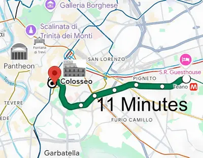 a map of k minutias with a red dot at SR Guesthouse in Rome