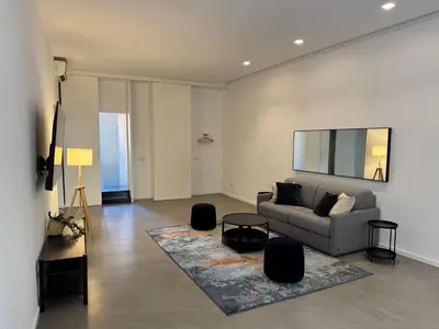 a living room with a couch and a rug at Rome design and fitness stay - Pantheon and Trevi in Rome