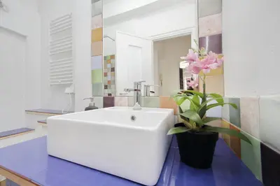 a bathroom with a white sink and a potted plant at Domus Sinuessa in Rome