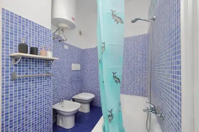 a blue tiled bathroom with a toilet and a shower at Domus Sinuessa in Rome