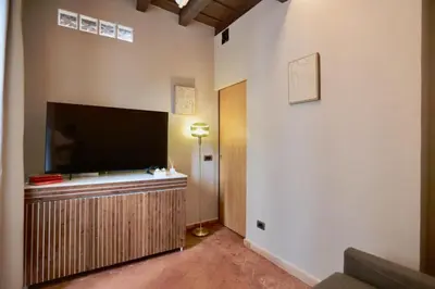 a living room with a large flat screen tv on a wall at Biscione Dream Campo de'Fiori in Rome