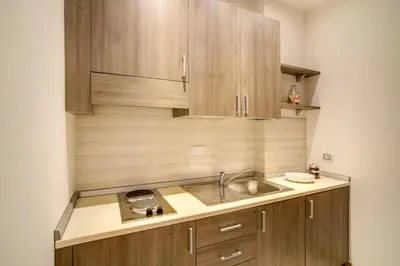 a kitchen with wooden cabinets and a sink at Vatican Rooms Cipro in Rome