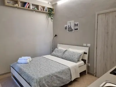 a small bedroom with a bed with a gray blanket at Monolocale luminoso vicino Trastevere in Rome