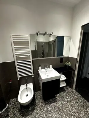 a bathroom with a sink and a toilet and a mirror at Dimora Battistini in Rome