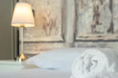 a bed with a pillow and a lamp on a table at Hot Tub - Private Parking - park in Rome