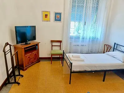 a bedroom with a bed and a television and a chair at Flaminio Charme in Rome