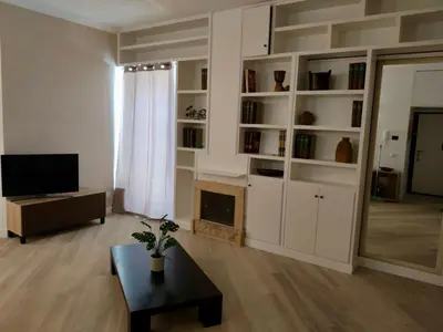 a living room with a fireplace and a television at Vatican Museum Home in Rome