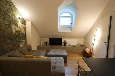 a living room with a couch and a tv at Renewed Historic Flat in Rome in Rome