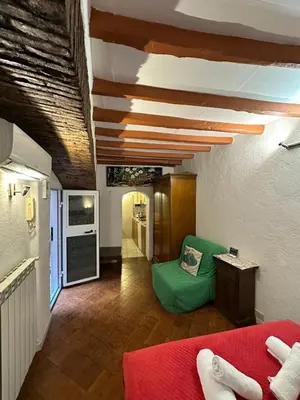 a living room with a green couch in a room at Arco Acetari - The Middle Ages in the heart of Rome in Rome