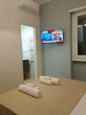 two towels on a bed with a tv on the wall at TiburtinaStay in Rome