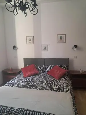 a bedroom with a bed with two red pillows at Trastevere St Rolli 15 in Rome