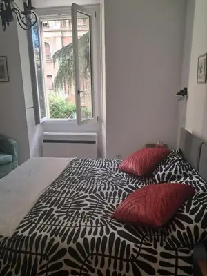a bed with two red pillows in a room with a window at Trastevere St Rolli 15 in Rome