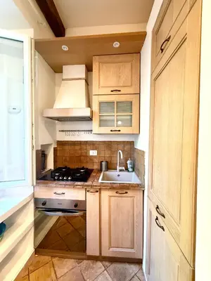a small kitchen with wooden cabinets and a sink at Salotto34 in Rome