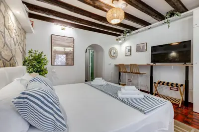a bedroom with a white bed and a tv at Colosseum Loft, Rustic-modern charm in Rome