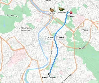 a map of the route of the cleanup effort at Hostly-San Paolo Charme Apartment in Rome
