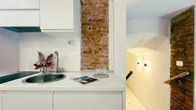 a kitchen with a sink and a brick wall at Domus Jana 30 in Rome