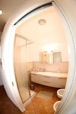 a bathroom with a shower and a toilet and a mirror at San Vito Cozy Apartment in Rome