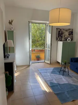 a living room with a blue couch and a blue rug at Gemelli Roma House Apartment in Rome