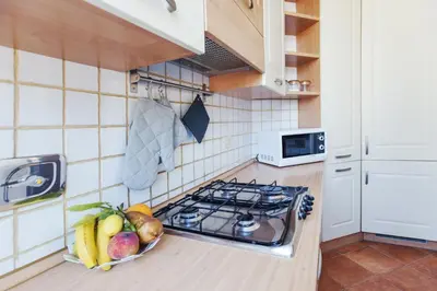 a kitchen with a stove and a bowl of fruit at Lungaretta3 in Rome
