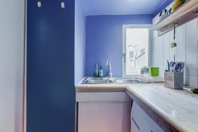 a kitchen with a sink and a blue wall at Campo Marzio Boutique Apt 300 mt dal Pantheon in Rome