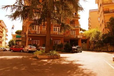 a tree in a parking lot in front of a building at Tempio del Sole in Rome
