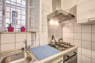 a kitchen with a stove top oven next to a sink at M&L Apartment - Caracalla Holiday in Rome