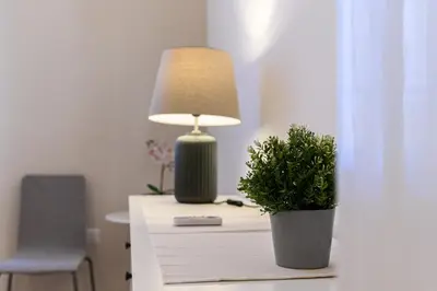 a table with a lamp and a potted plant on it at Stazione Vaticana 5 Apartment in Rome
