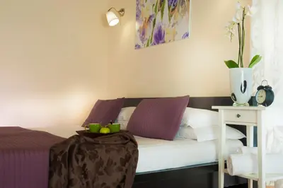 a bedroom with a bed with purple and white pillows at FL Apartments Charming Flat in the heart of Trastevere in Rome