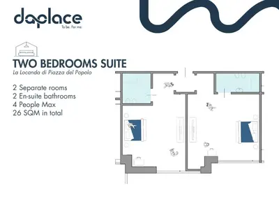 a floor plan of two bedrooms suite with two bathrooms at Daplace - La Locanda di Piazza del Popolo in Rome