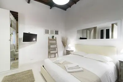 a white bedroom with a large bed and a tv at White Ostilia Apartments in Rome
