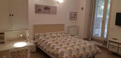 a bedroom with a bed and a desk and a tv at La Casetta di Ely in Rome