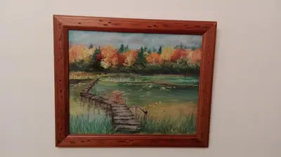 a painting of a bridge over a lake at Residenza Laterano in Rome