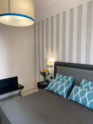 a bedroom with a bed with blue pillows and a television at Hotel Contilia in Rome
