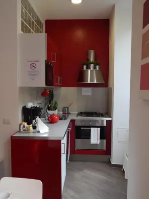 a kitchen with red walls and a stove top oven at Red Flat In Rome in Rome