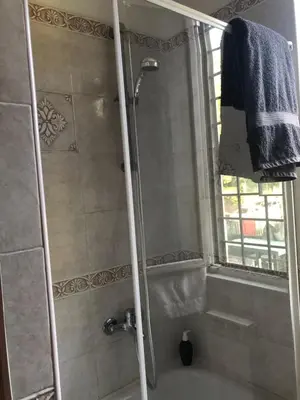 a bathroom with a shower with a sink and a window at A.B Battistini Short Let's in Rome