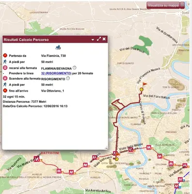 a screenshot of a google map with a route at Casetta Fleming in Rome