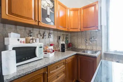a kitchen with wooden cabinets and a microwave at Domus al Palatino in Rome