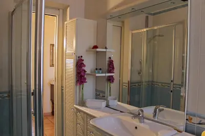 a bathroom with a sink and a shower and a mirror at Domus al Palatino in Rome