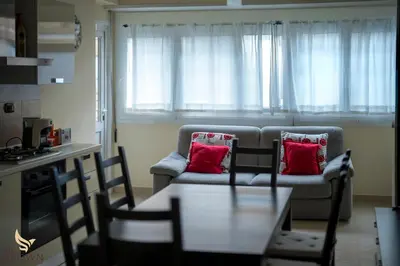a living room with a couch with two red pillows at Mr Brown Home and suites in Rome