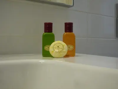 two bottles of soap sitting on top of a bath tub at Alma Mater B&B in Rome