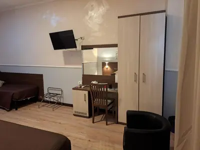 a hotel room with a bed and a desk and a mirror at Hotel Leone in Rome