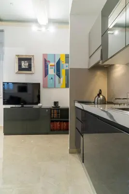 a kitchen with a counter top and a tv at Prinsi Apartments in Rome