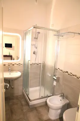 a bathroom with a shower and a toilet and a sink at Anice Guesthouse in Rome