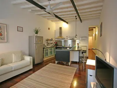 a living room with a couch and a kitchen at Casa Leopardo - Trastevere in Rome