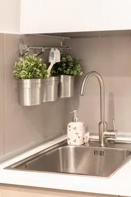 a kitchen sink with two potted plants on a wall at Living RHome - Condotti Apartment in Rome