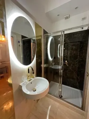 a bathroom with a sink and a shower with a mirror at Bed And Breakfast King Plaza in Rome