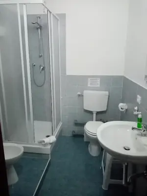 a bathroom with a shower and a toilet and a sink at Olimpica Relais guest house in Rome