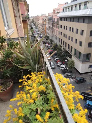 a view of a city street with buildings and flowers at Our Home in Rome - Via Machiavelli in Rome