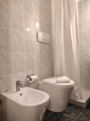 a white bathroom with a toilet and a sink at Hotel Milazzo Roma in Rome
